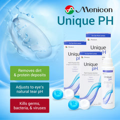 Close-up of Menicon Unique pH Multi-Purpose Solution bottles