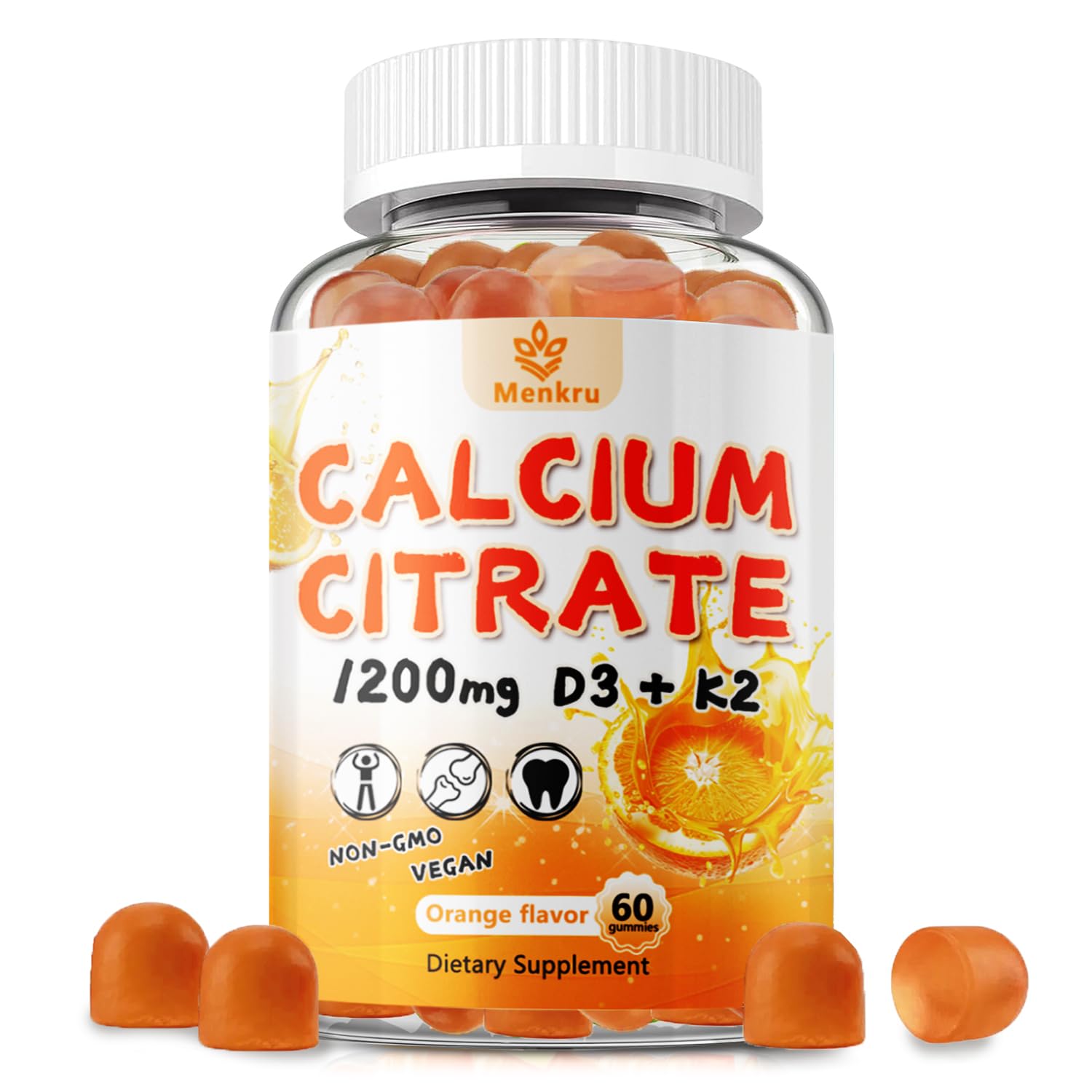 Front label of Menkru Calcium Citrate Gummies bottle showing 1200 mg per serving.