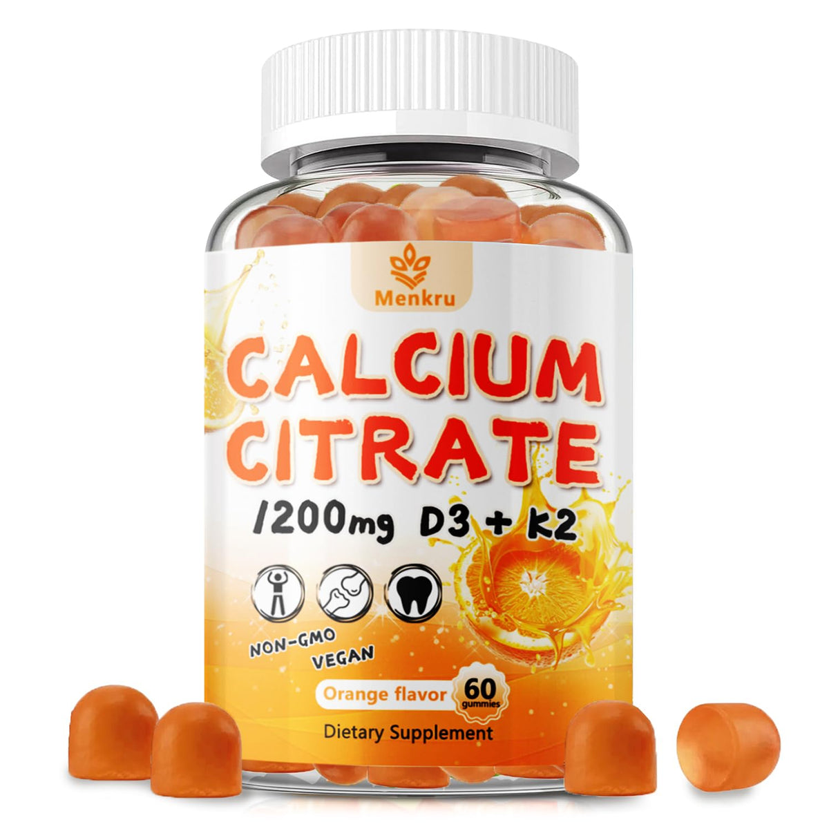 Front label of Menkru Calcium Citrate Gummies bottle showing 1200 mg per serving.