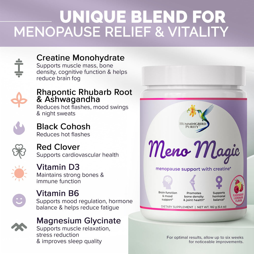 Ingredient list including creatine monohydrate, black cohosh, red clover, rhubarb root, ashwagandha, vitamins D3 and B6, and magnesium glycinate