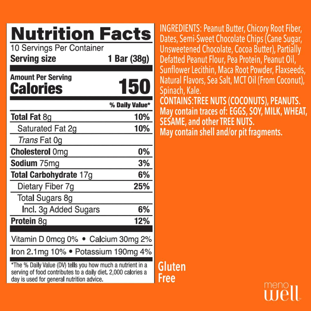 MenoWell bar nutrition panel shows 7g protein and 25 percent daily fiber for satiety.