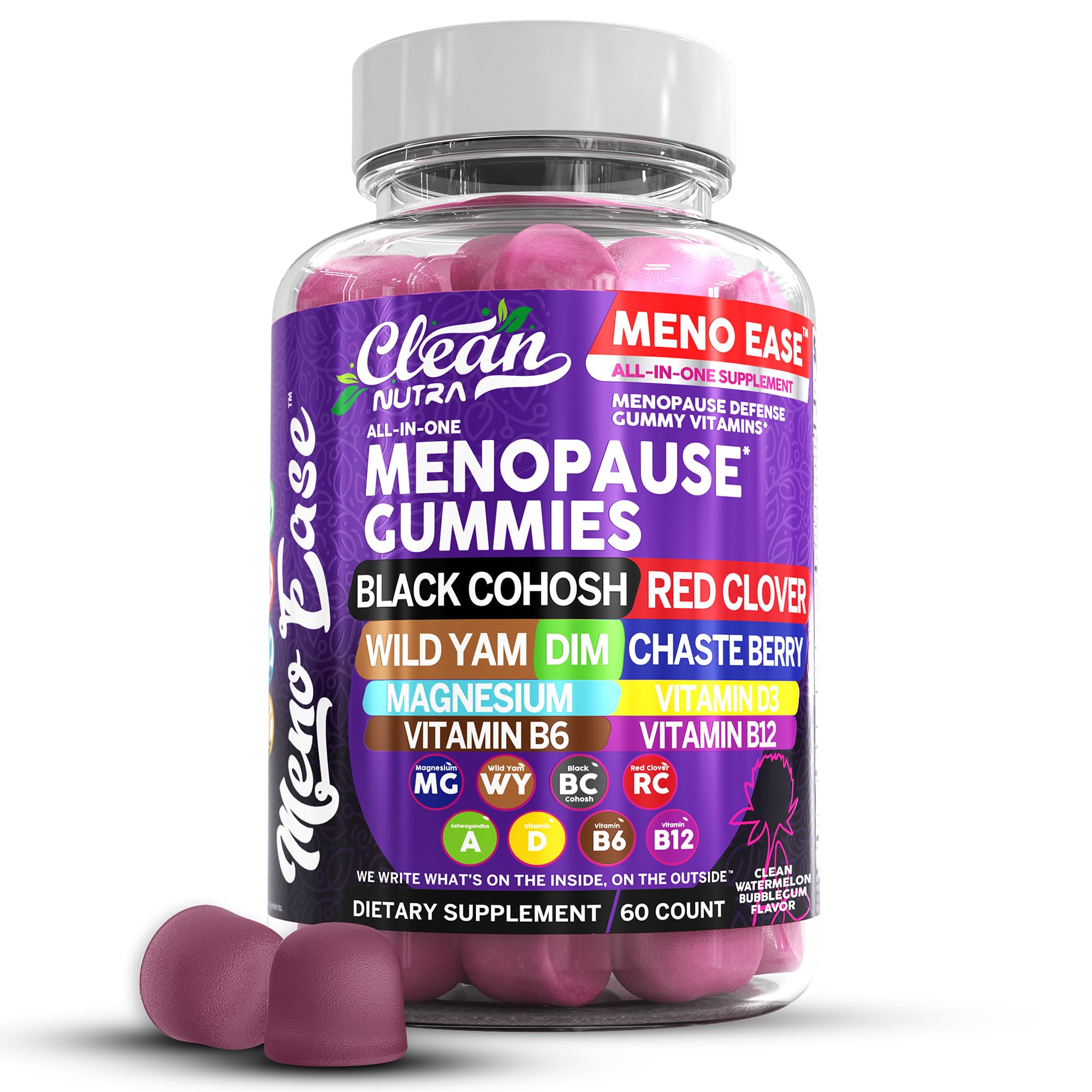 Gummy bottle showing black cohosh and wild yam for menopause support
