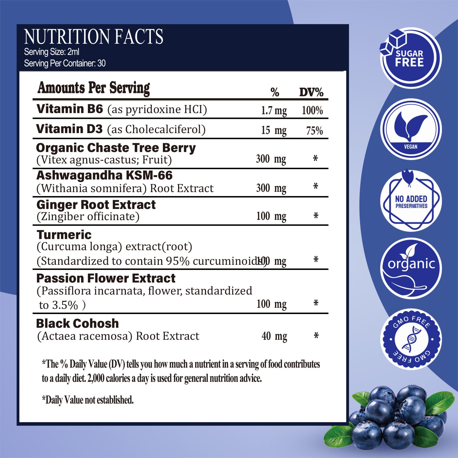 2 fl oz (60 ml) bottle of menopause liquid drops in blueberry flavor
