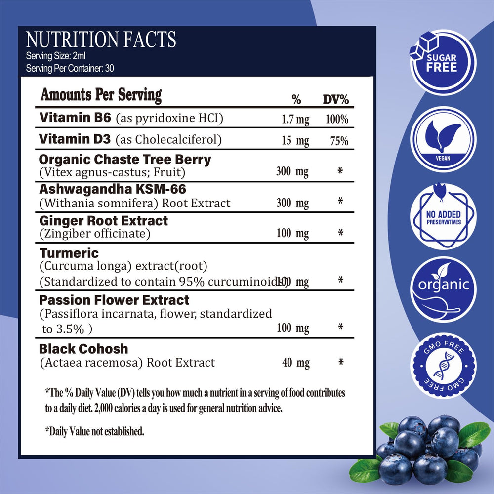 2 fl oz (60 ml) bottle of menopause liquid drops in blueberry flavor