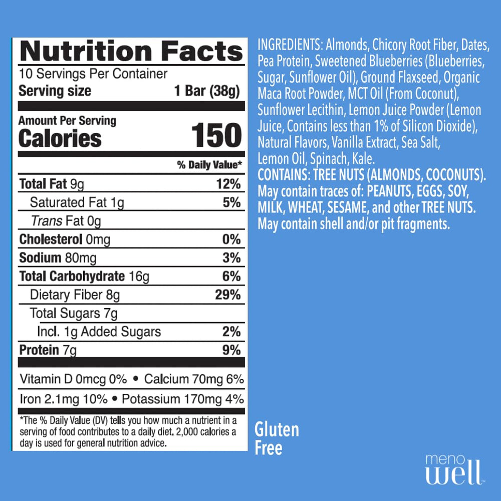 MenoWell bar blueberry-lemon close-up reveals texture for satisfying, plant-based protein snacking.