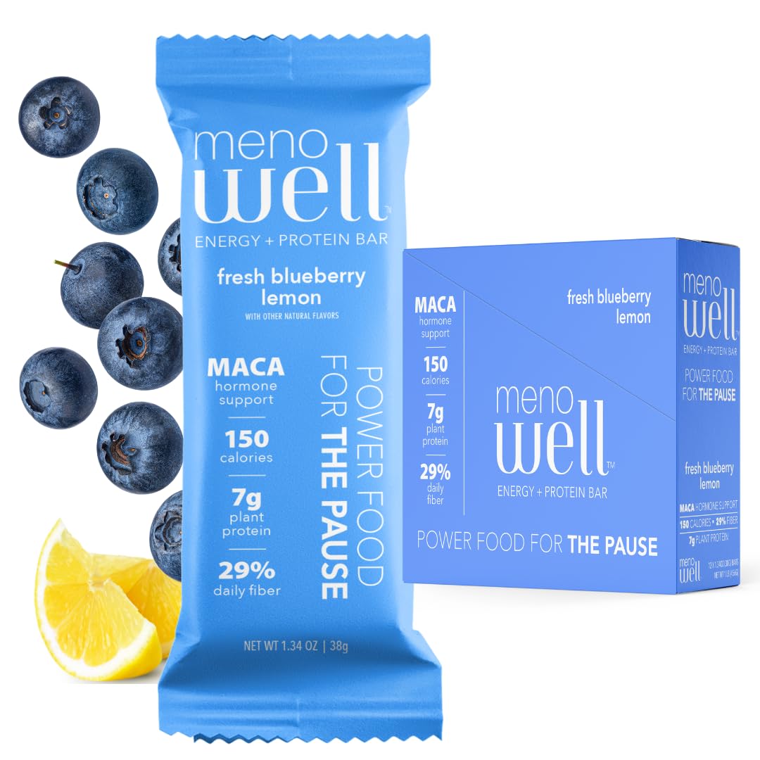 MenoWell bar blueberry-lemon front packaging for on-the-go energy and crave control.