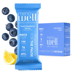 MenoWell bar blueberry-lemon front packaging for on-the-go energy and crave control.