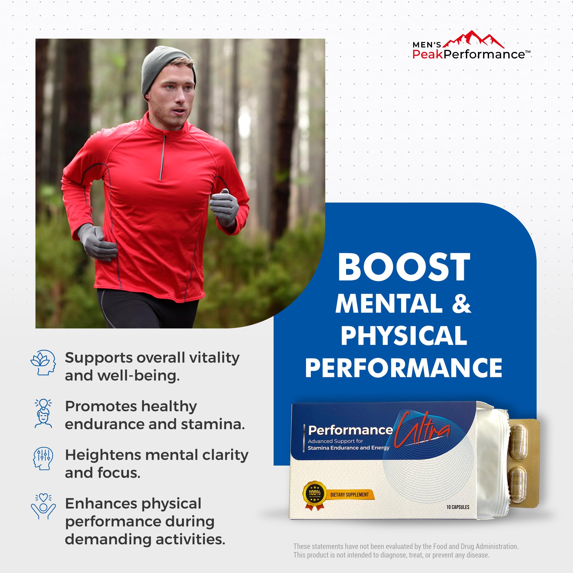 Maca root imagery with MEN'S PeakPerformance signals natural stamina support.