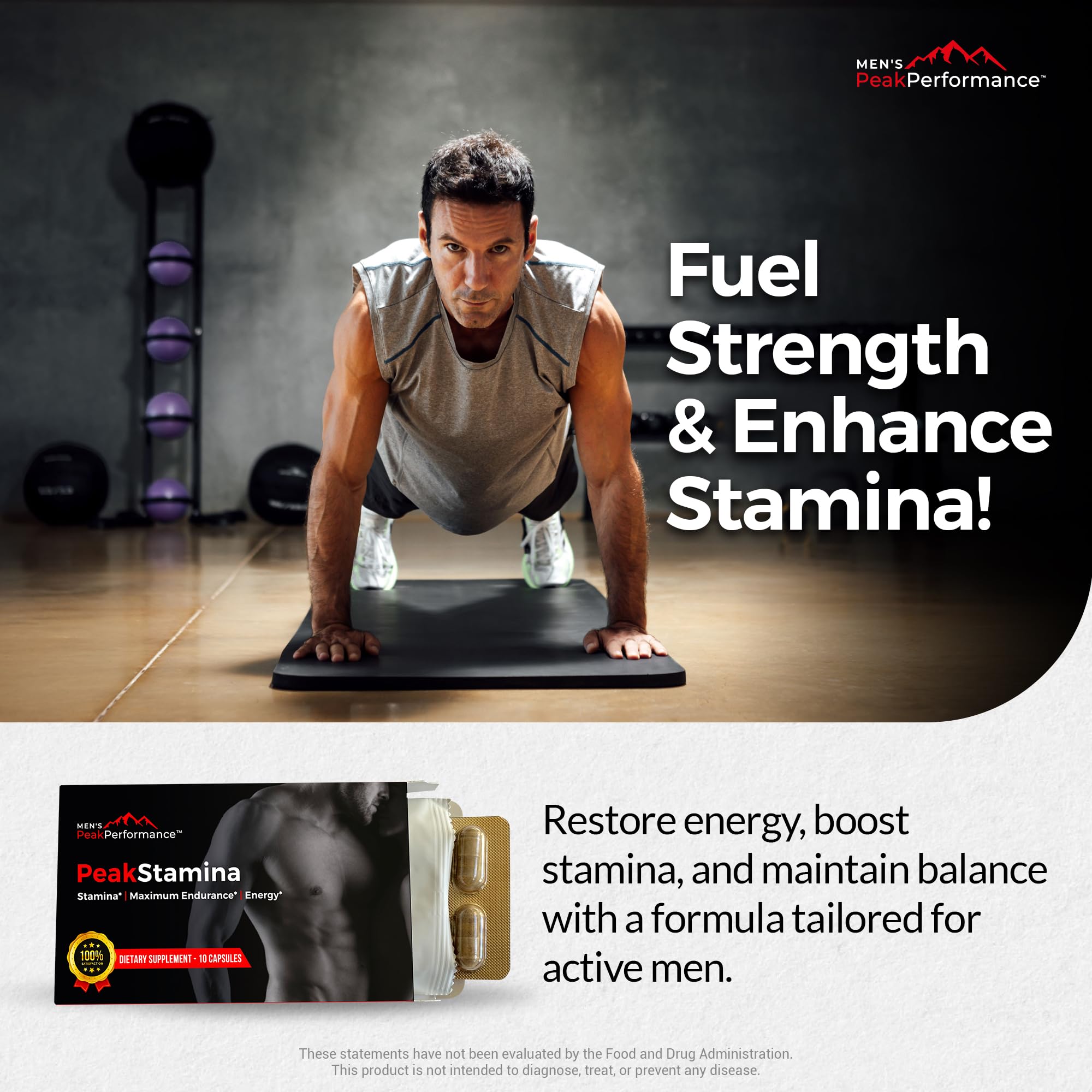 MEN'S PeakPerformance Male Maximizer ingredients highlight maca, ashwagandha, and horny goat weed