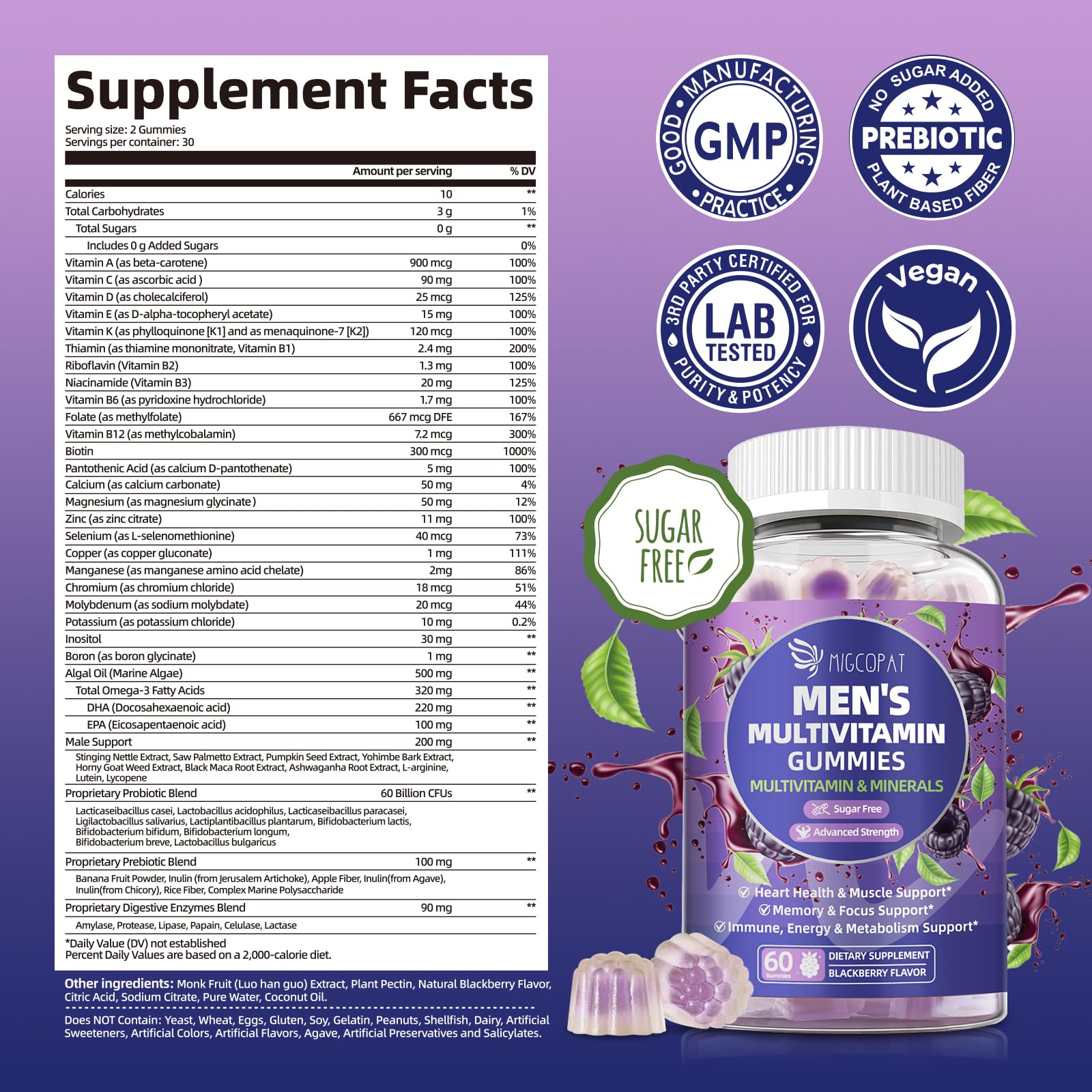 Close-up of blackberry-flavored men's multivitamin gummies