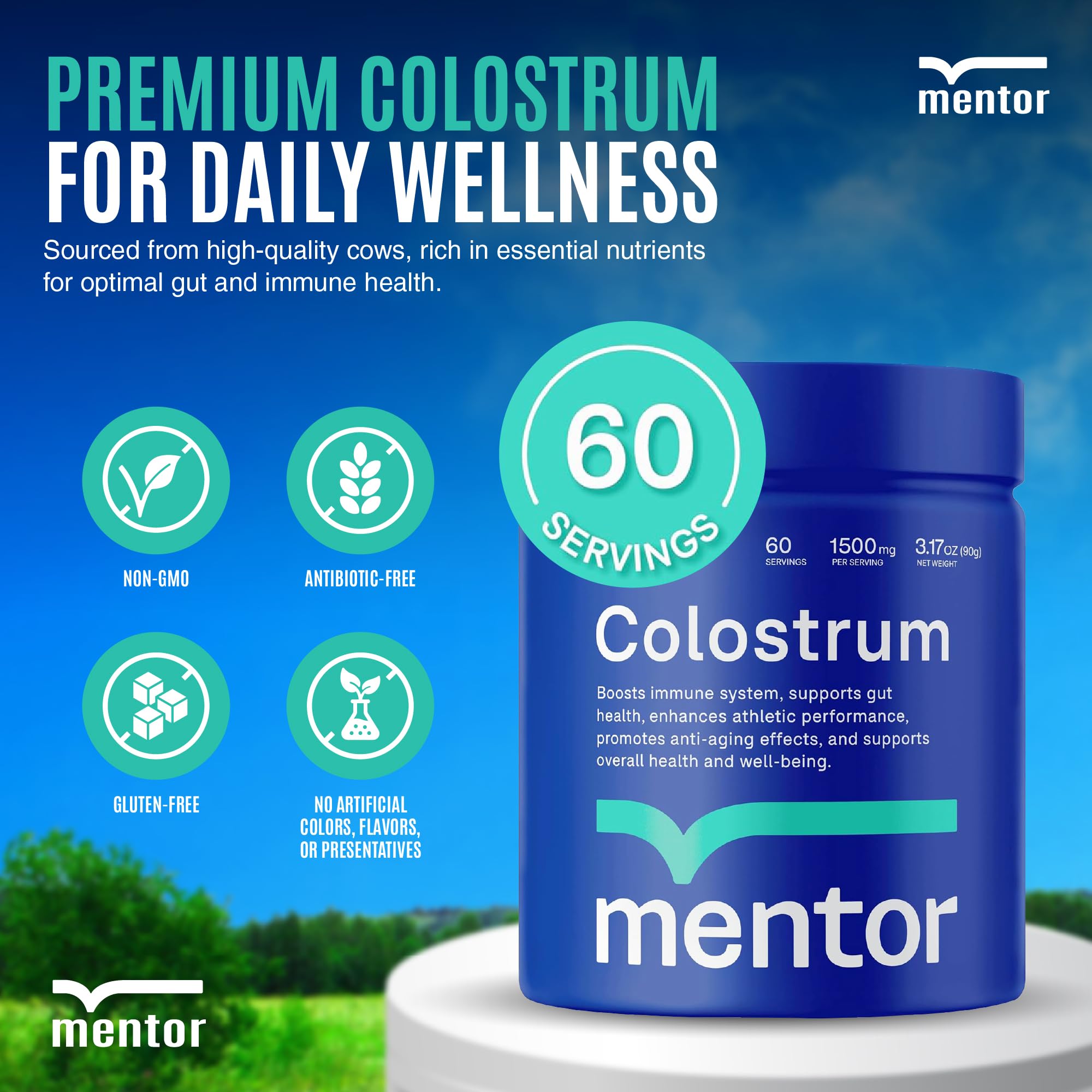 Scoop of Mentor Colostrum Powder beside bottle
