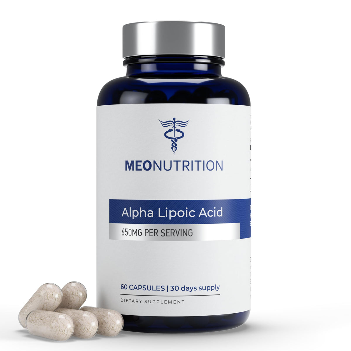 Bottle of Meo Nutrition Alpha Lipoic Acid 650mg 60 capsules