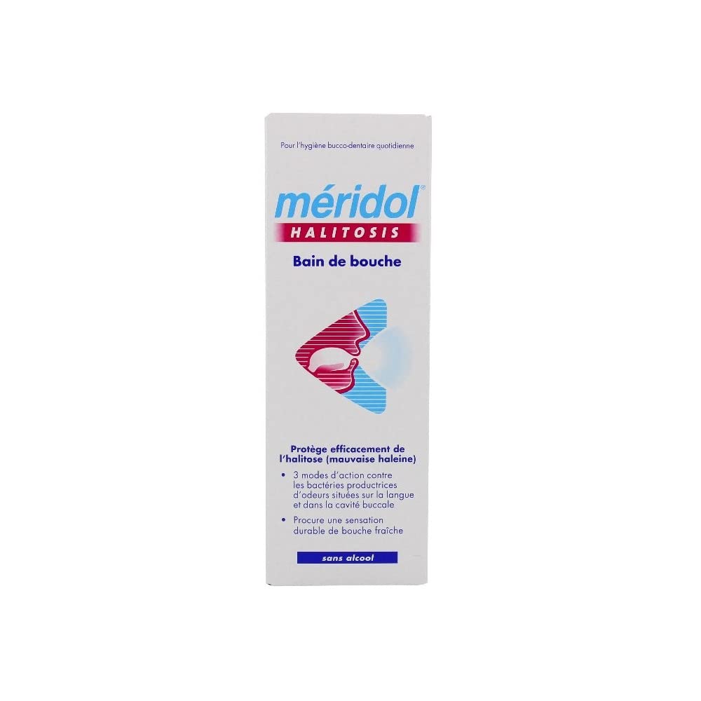 Meridol Halitosis Mouthwash bottle 400ml - label and usage directions