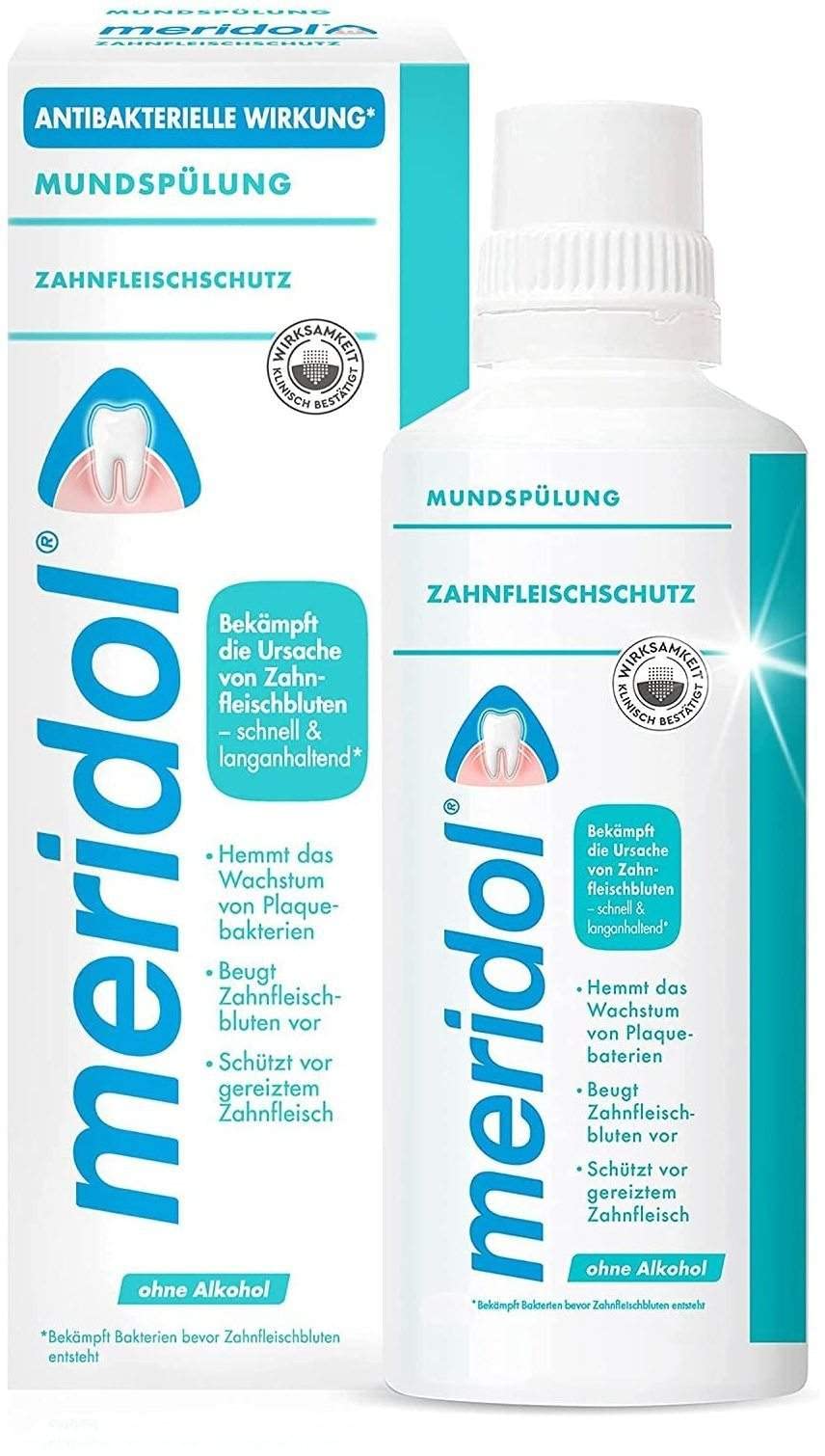 Meridol mouthwash 400 ml bottle, front view