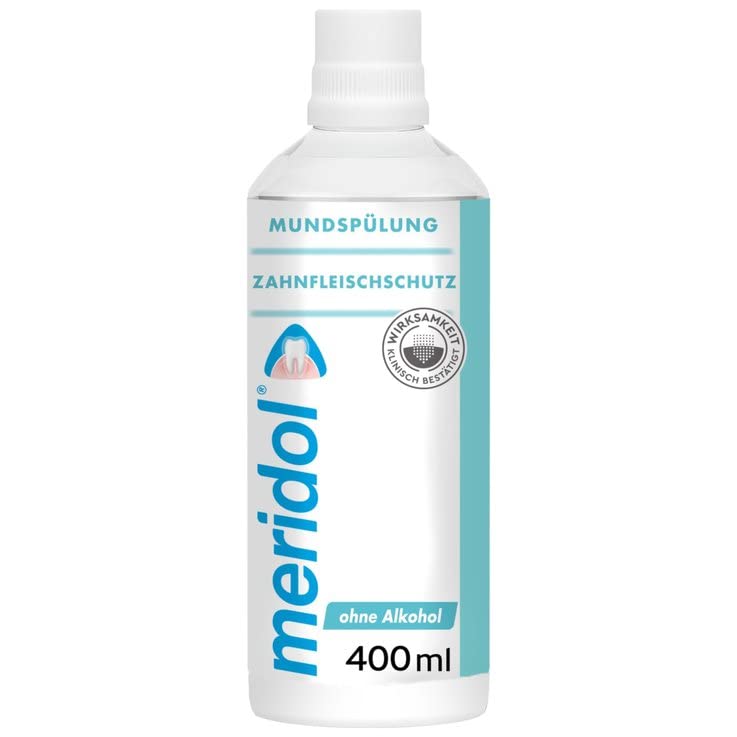 Meridol mouthwash bottle with label close-up