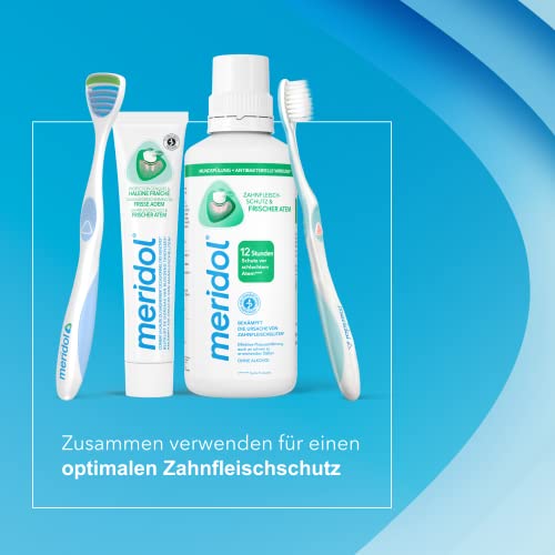 Meridol brand logo on mouthwash label