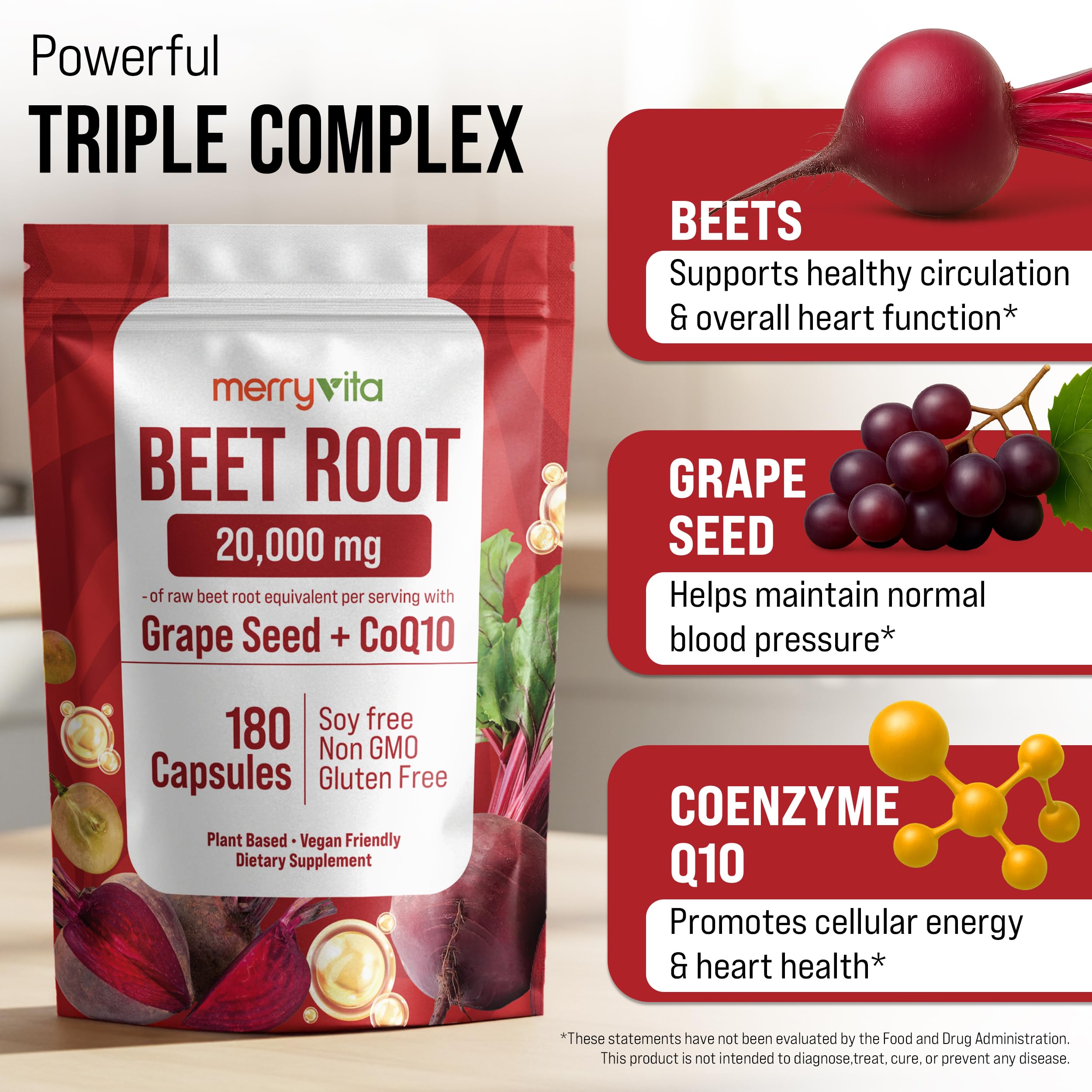 Close-up of MERRY VITA Beet Root Capsules ingredients: beet root, grape seed, CoQ10