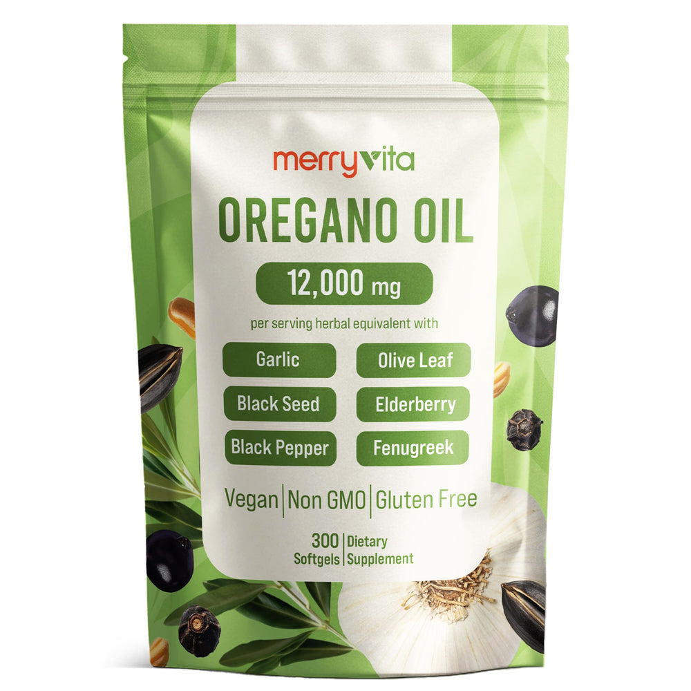 Front view of Merry Vita Organic Oregano Oil Capsules bottle with 300 softgels