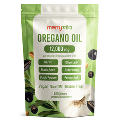 Front view of Merry Vita Organic Oregano Oil Capsules bottle with 300 softgels