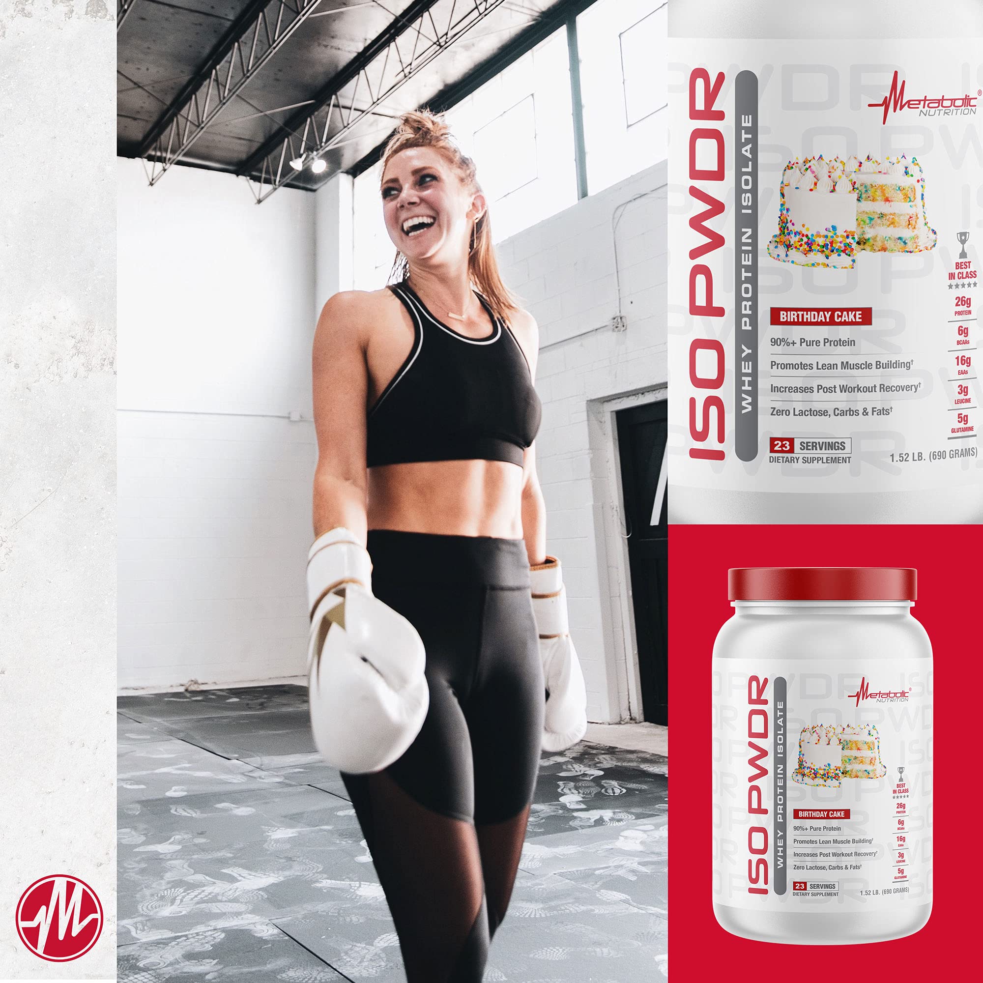 Metabolic Nutrition ISO PWDR Birthday Cake nutrition label highlights 26g protein.