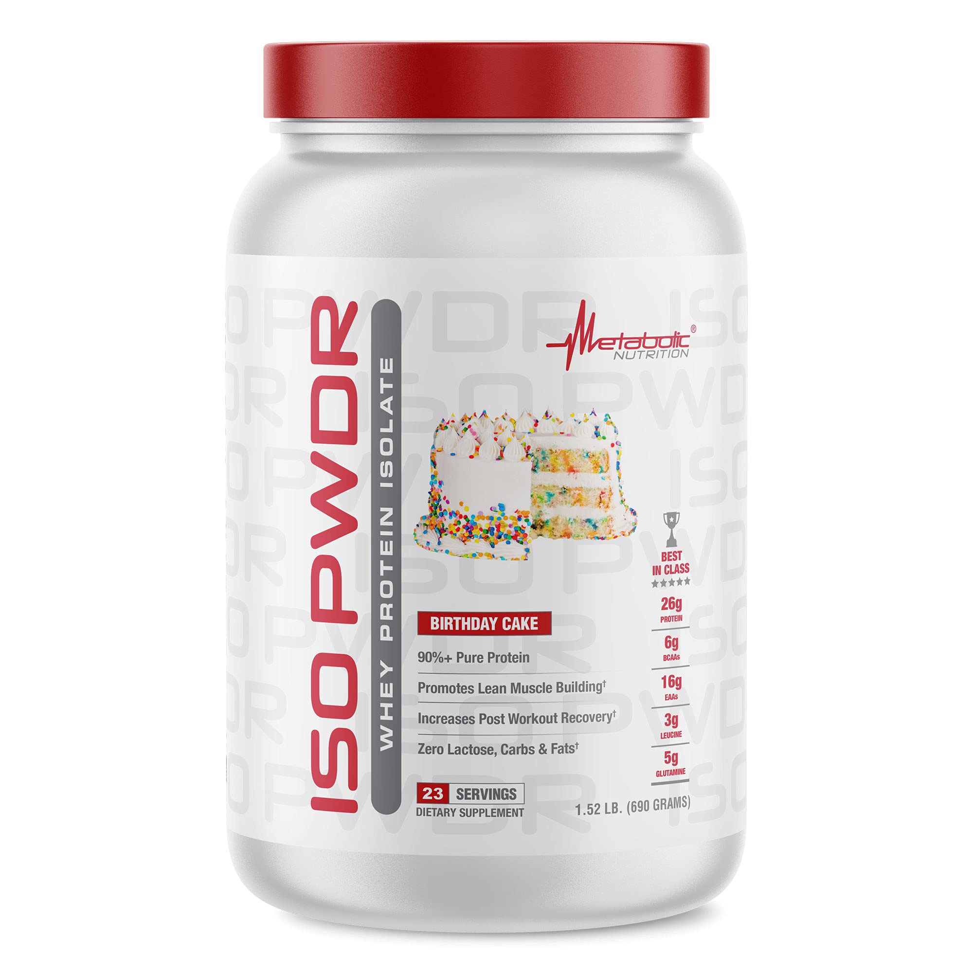 Metabolic Nutrition ISO PWDR Birthday Cake tub with scoop for post-workout recovery.