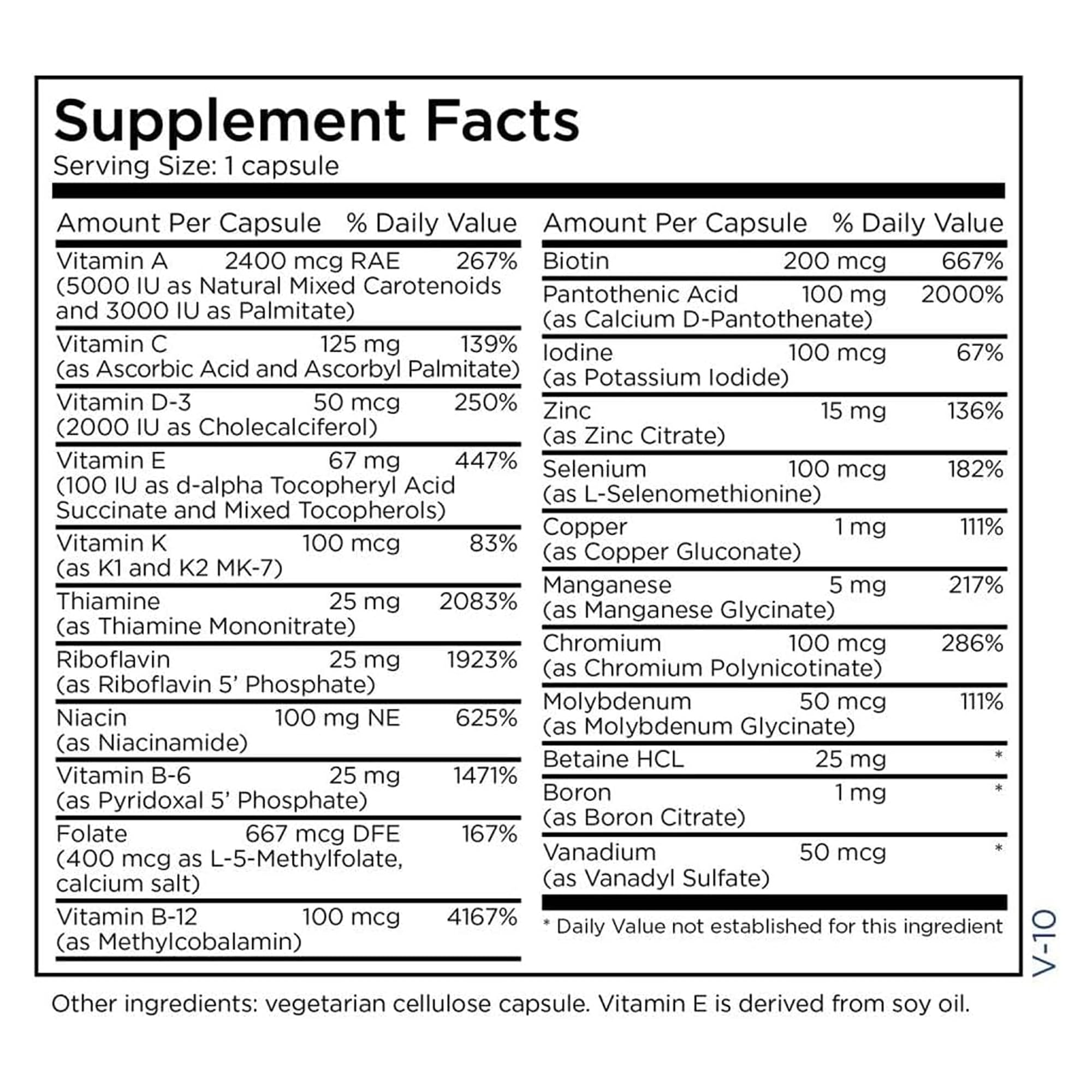 Supplement facts panel of The Big One Plus multivitamin