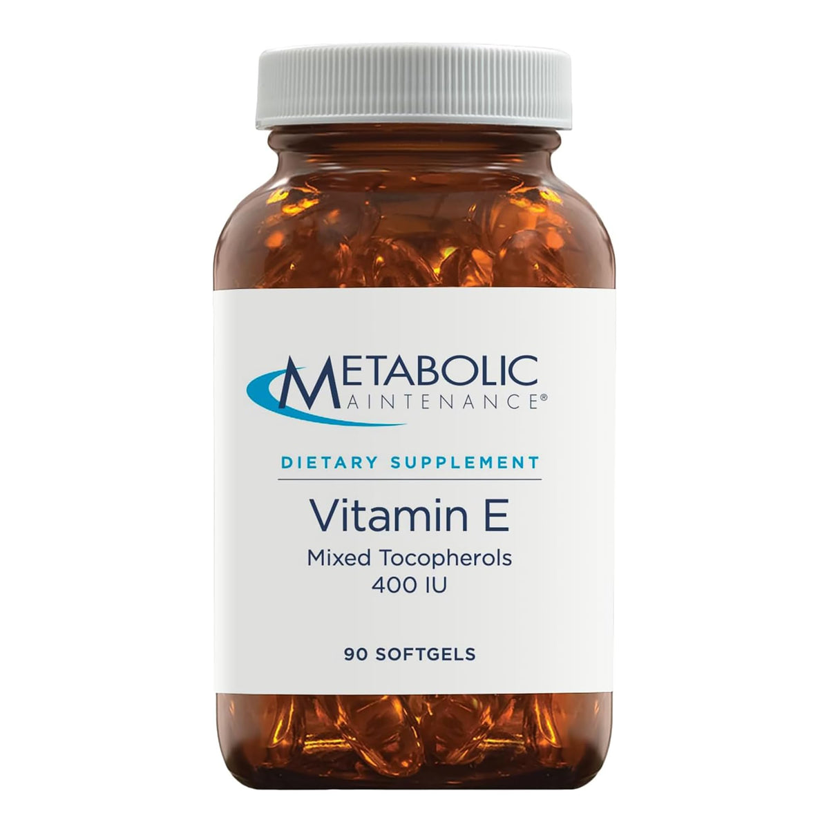 Bottle of Metabolic Maintenance Vitamin E Complex 90 capsules on white background