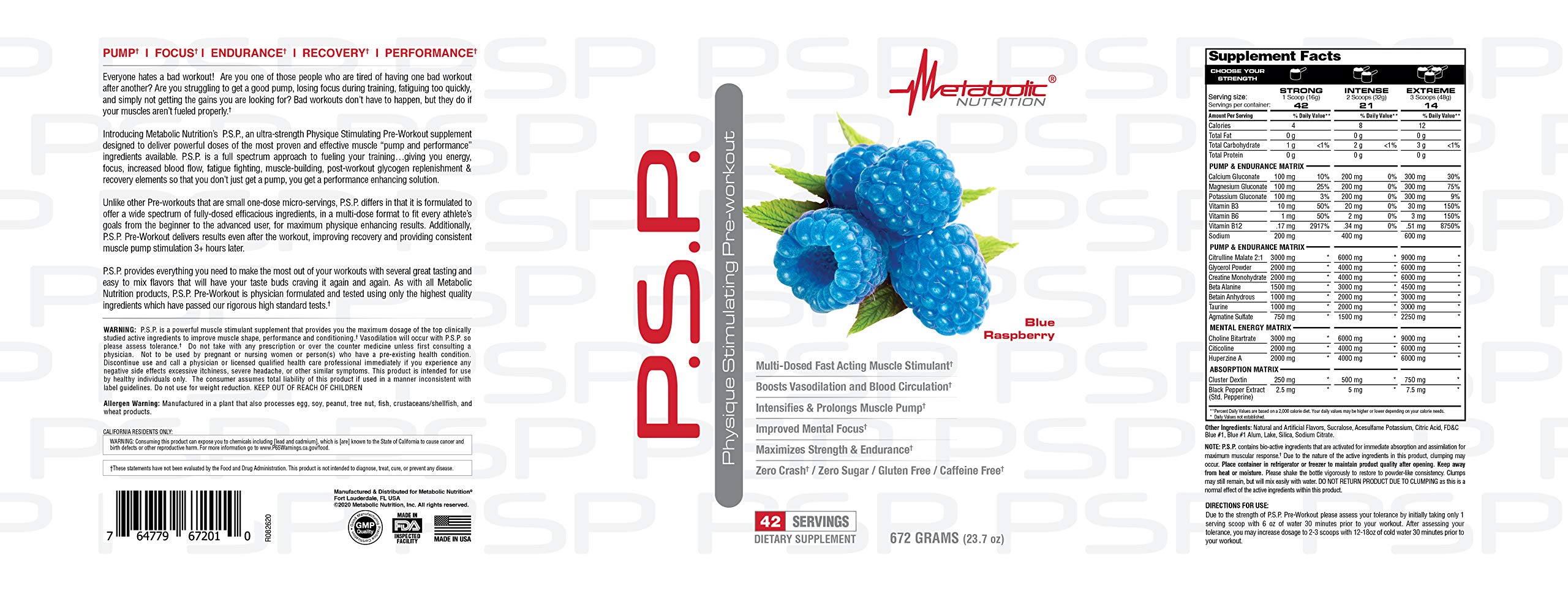 Metabolic Nutrition PSP Physique PreWorkout Blue Raspberry 672g – tub side view
