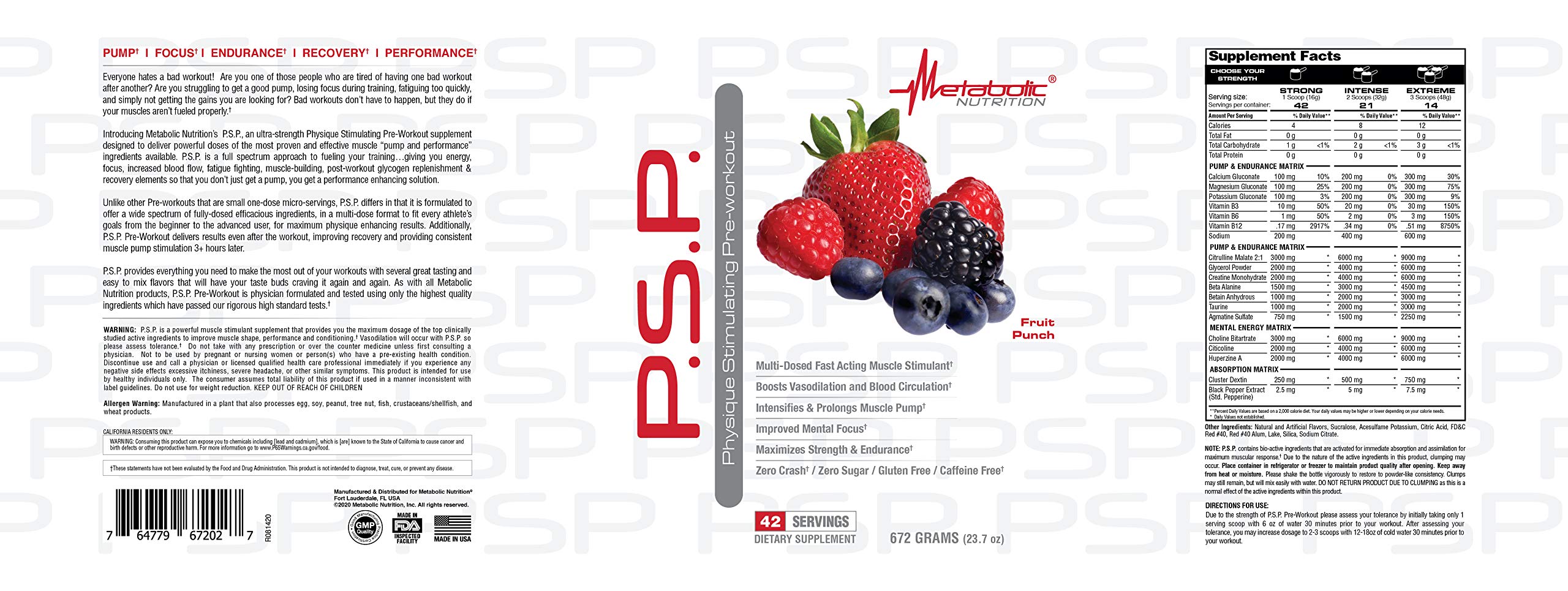 Back label showing supplement facts for PSP Physique PreWorkout Fruit Punch 672g