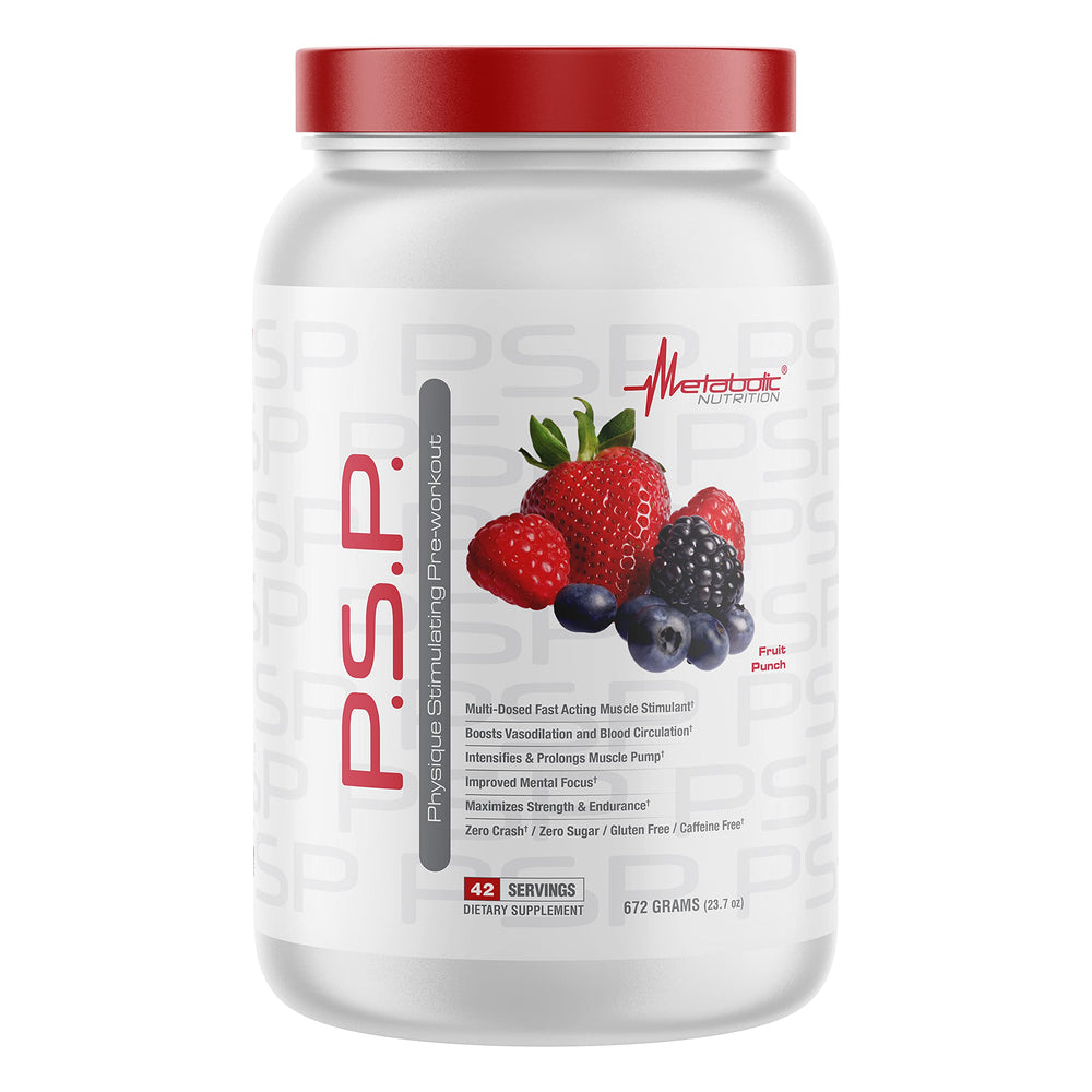 Front view of Metabolic Nutrition P.S.P. Physique PreWorkout Fruit Punch 672g