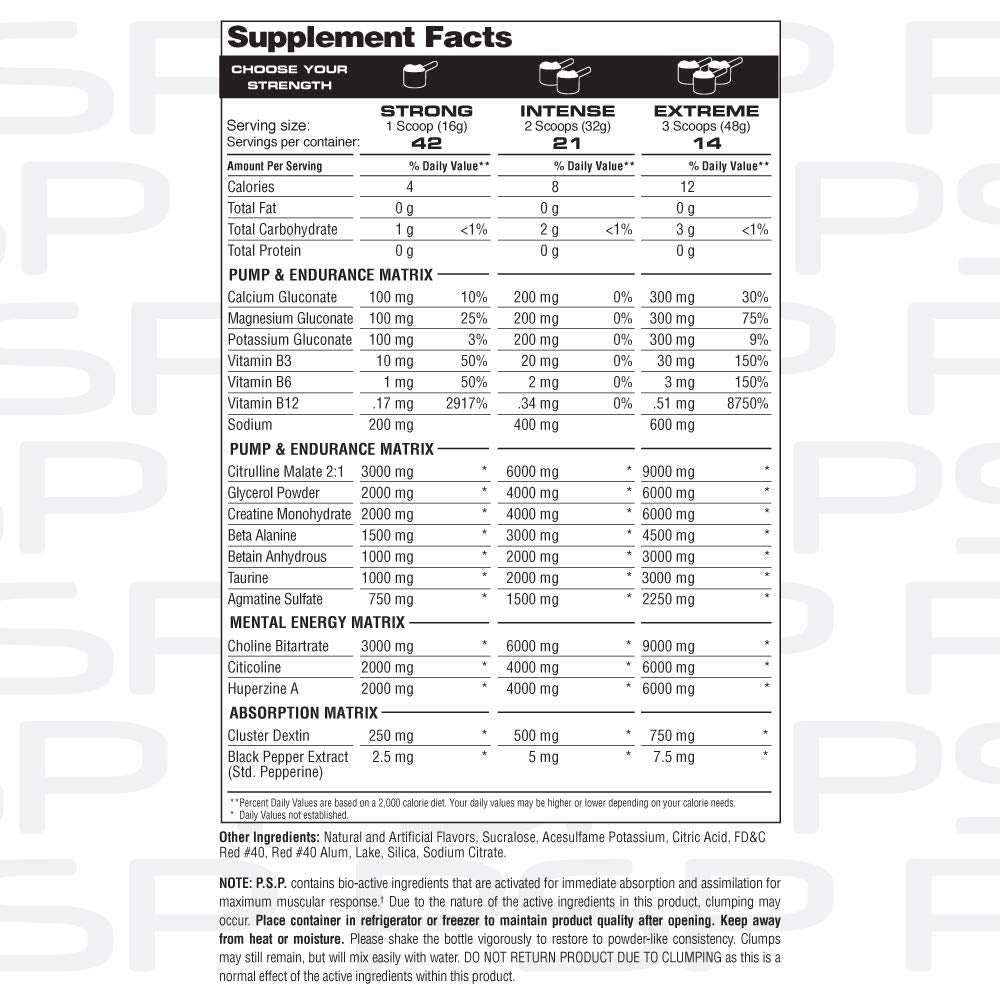 Nutrition label of Metabolic Nutrition P.S.P. Physique Stimulating PreWorkout Watermelon 672g
