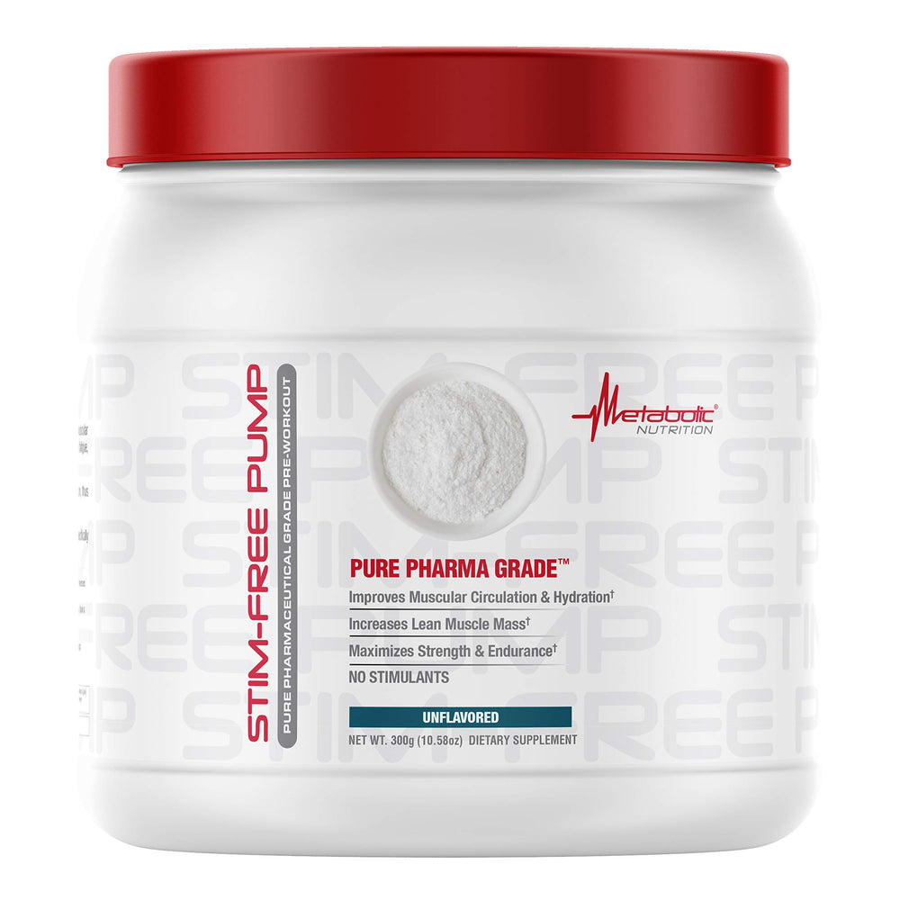 Metabolic Nutrition Stim Free Pump bottle closeup highlighting endurance-supporting formulation