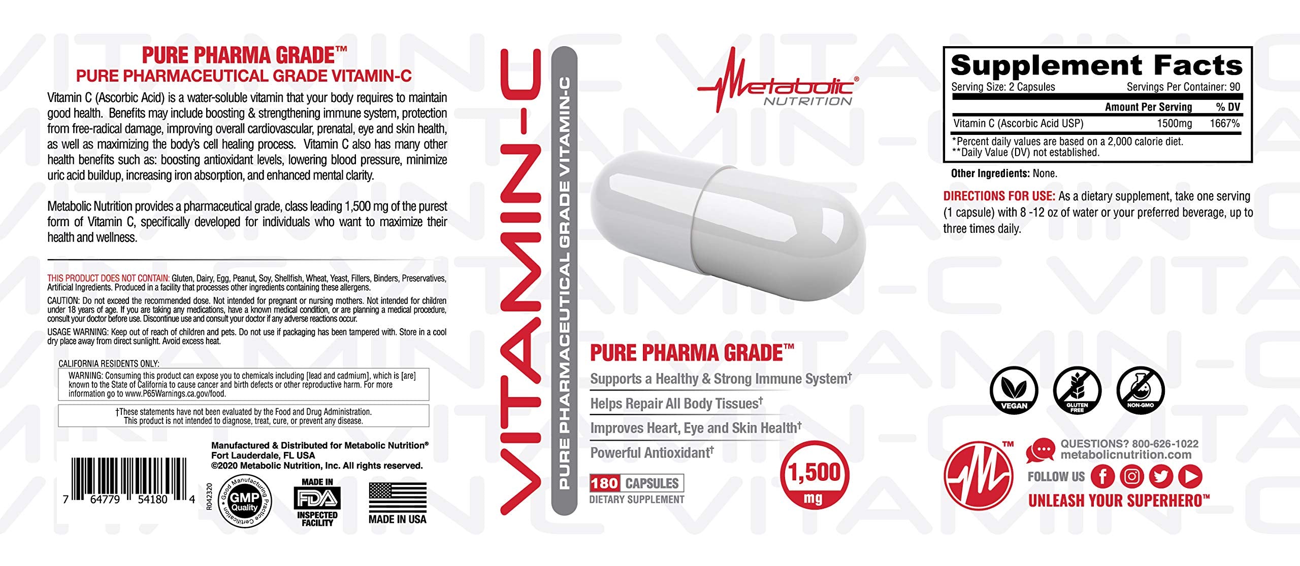 Vitamin C 1500mg capsules arranged on white background