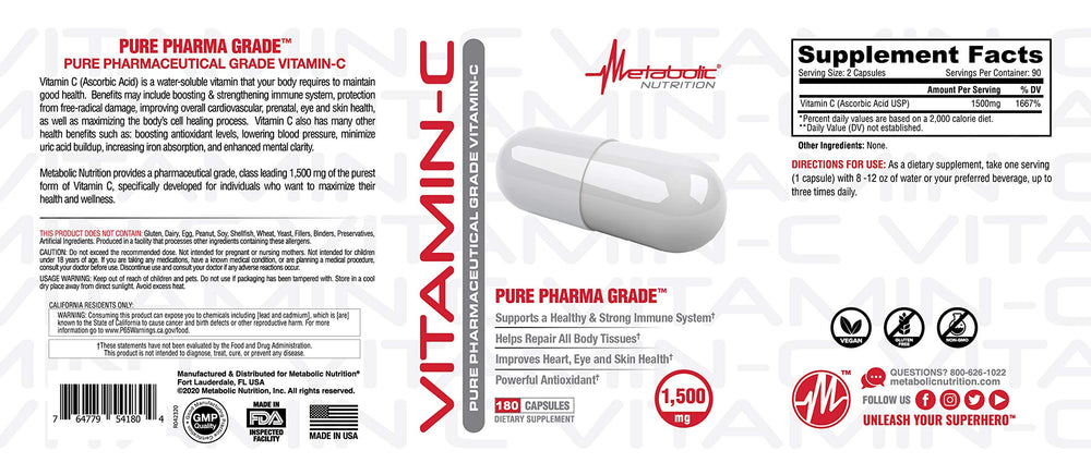 Vitamin C 1500mg capsules arranged on white background