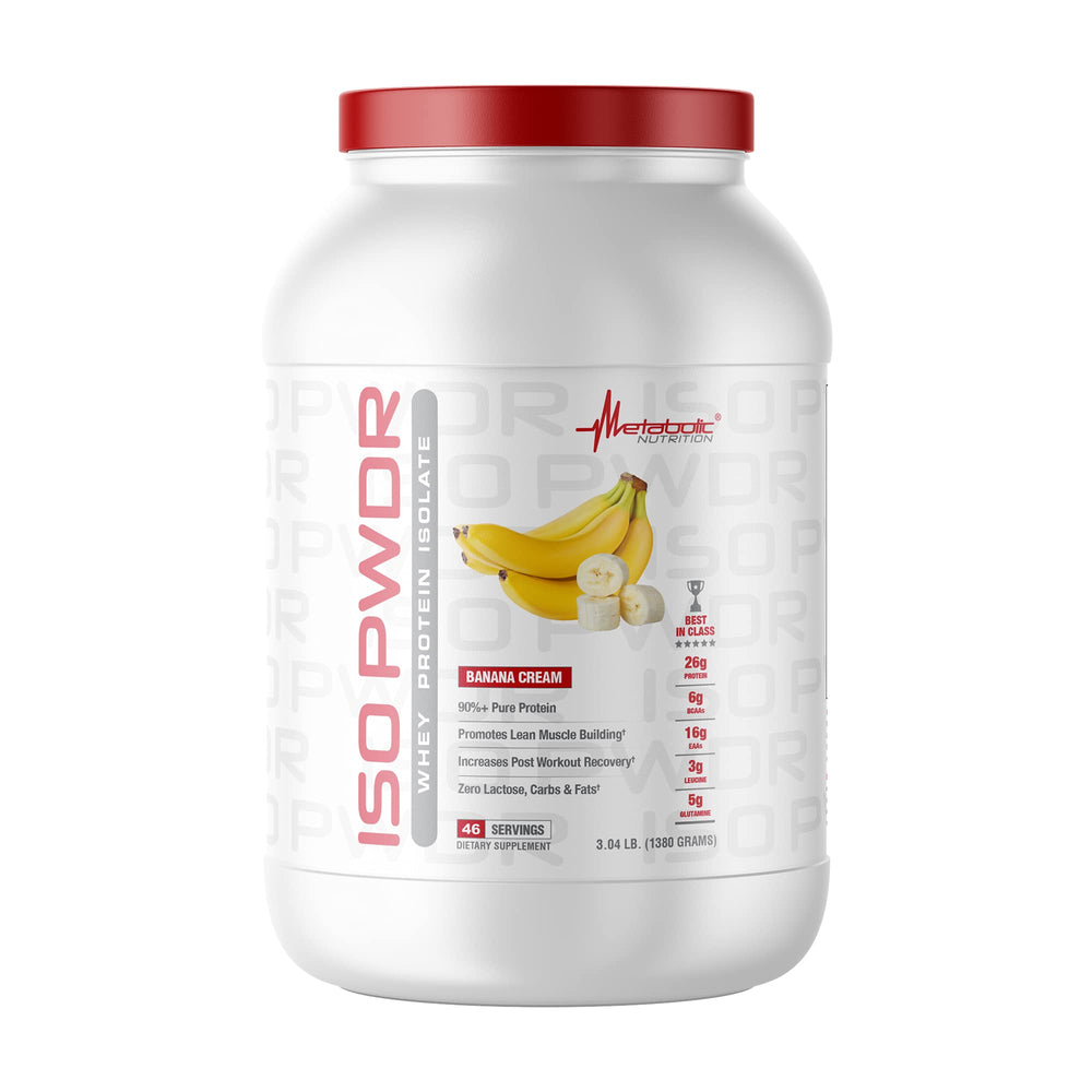 Metabolic Nutrition Whey Isolate ISO PWDR Banana Cream bottle highlights fast post-workout recovery.