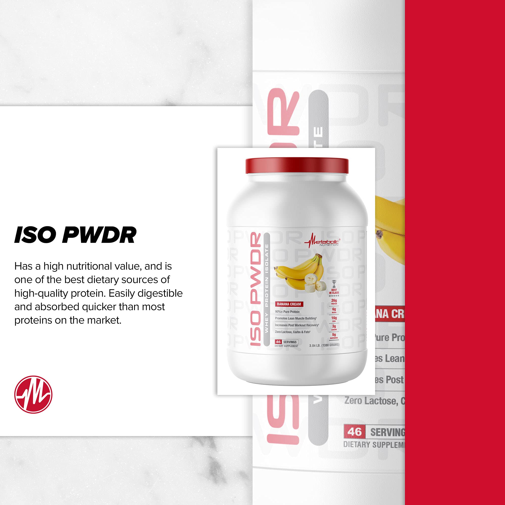 Metabolic Nutrition whey isolate Banana Cream jar sits in kitchen for keto-friendly recipes.