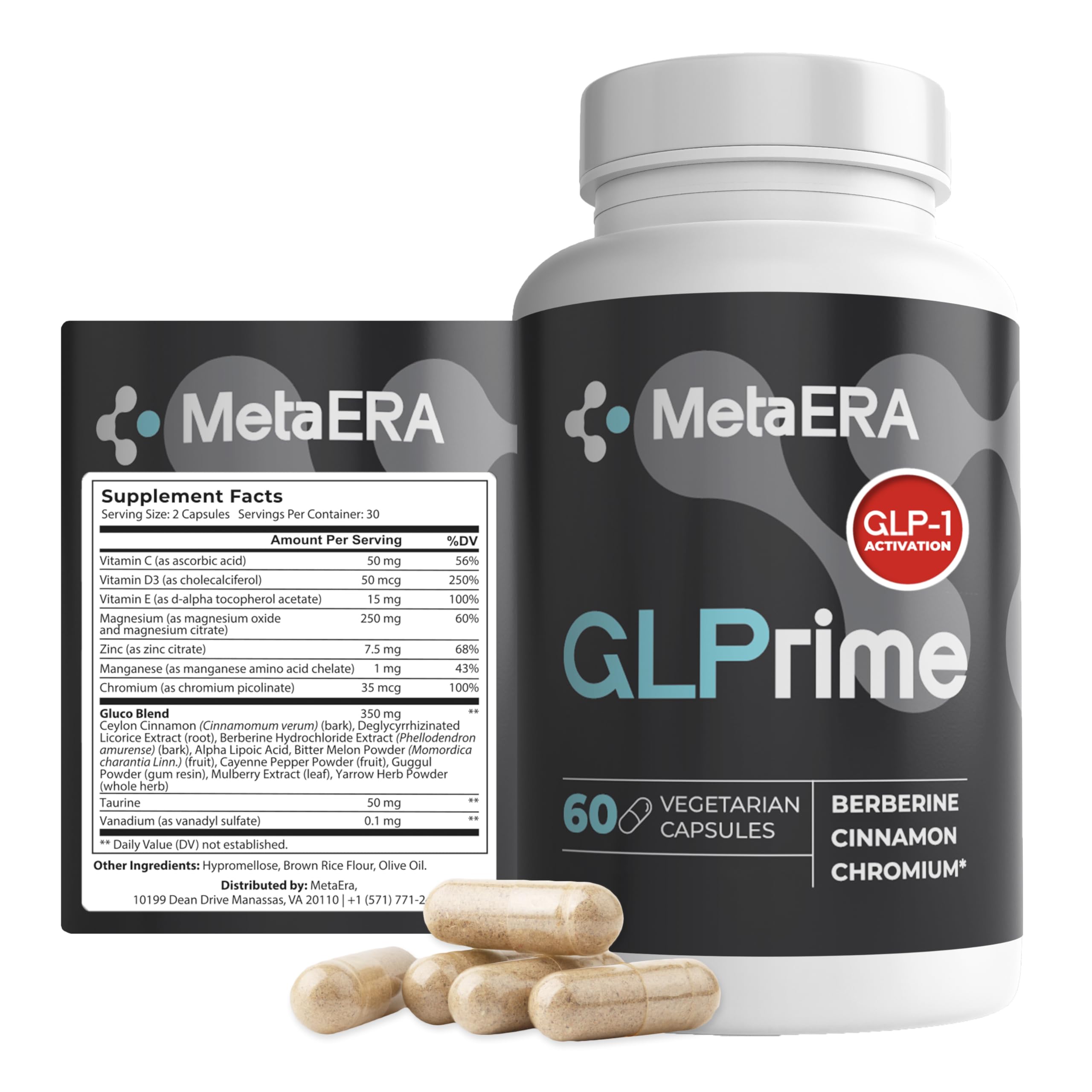 METAERA GLPrime GLP-1 supplement bottle on white background