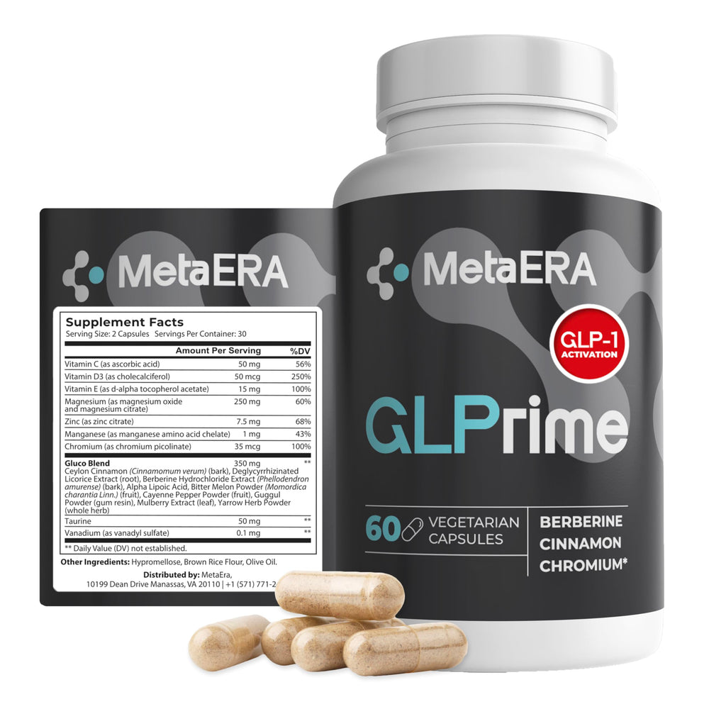 METAERA GLPrime GLP-1 supplement bottle on white background