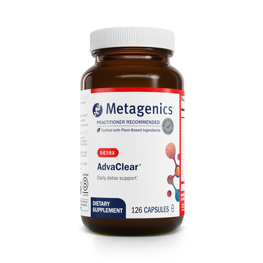Metagenics AdvaClear bottle on counter for daily detox support