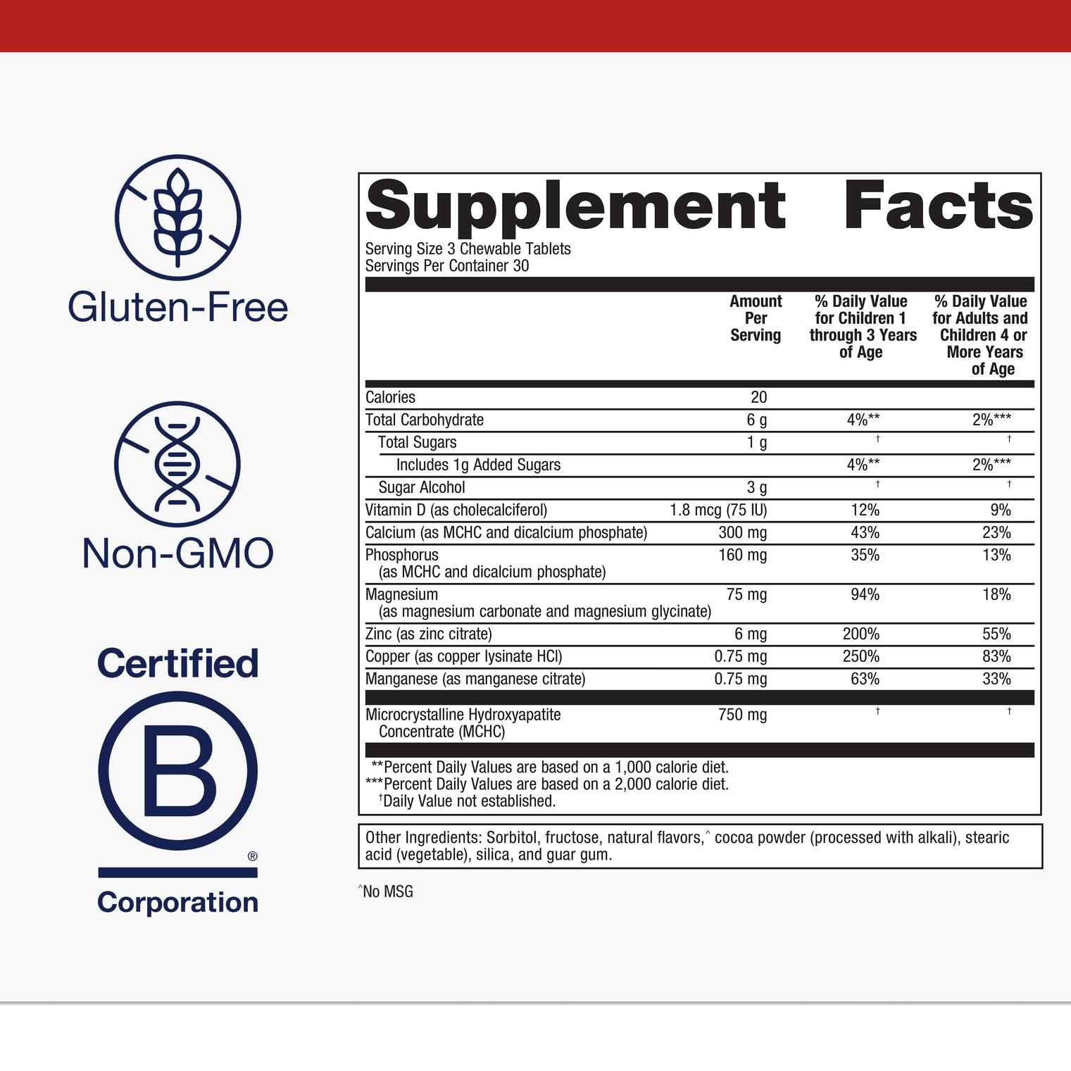 Chewable tablets showing calcium, vitamin D and magnesium nutrients