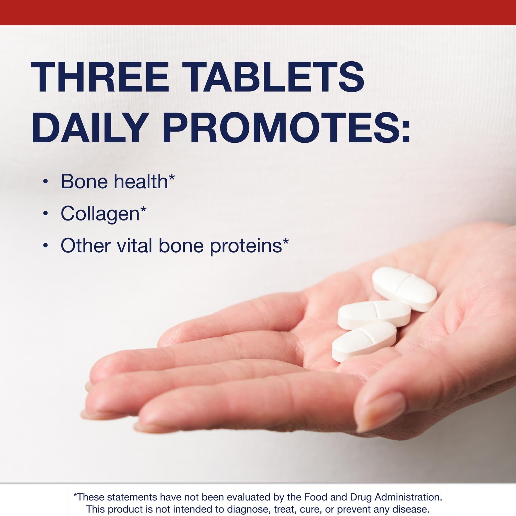 Graphic showing high calcium content: over 1,000 mg per 3 tablets