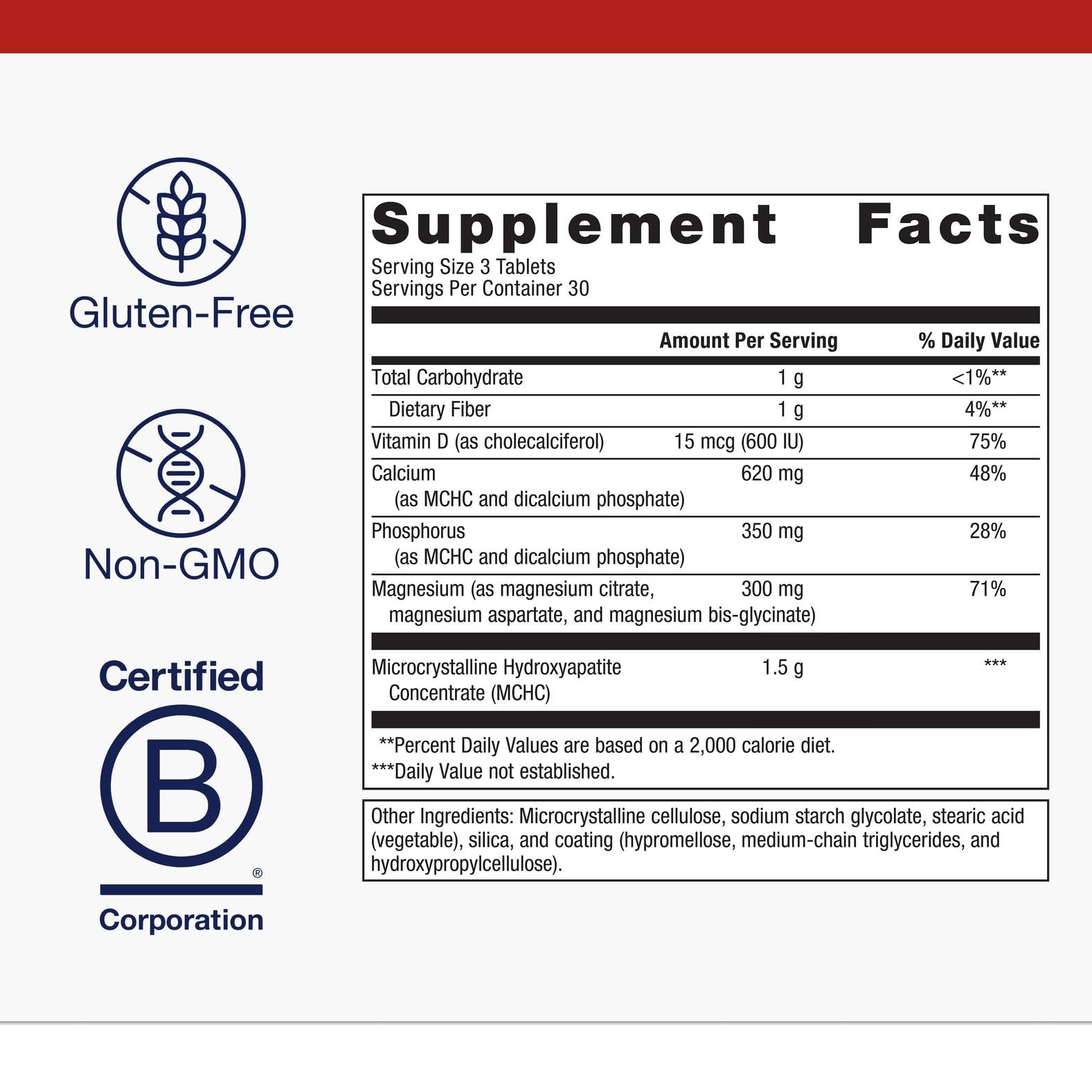 Close-up of ingredients including calcium, vitamin D and chelated magnesium