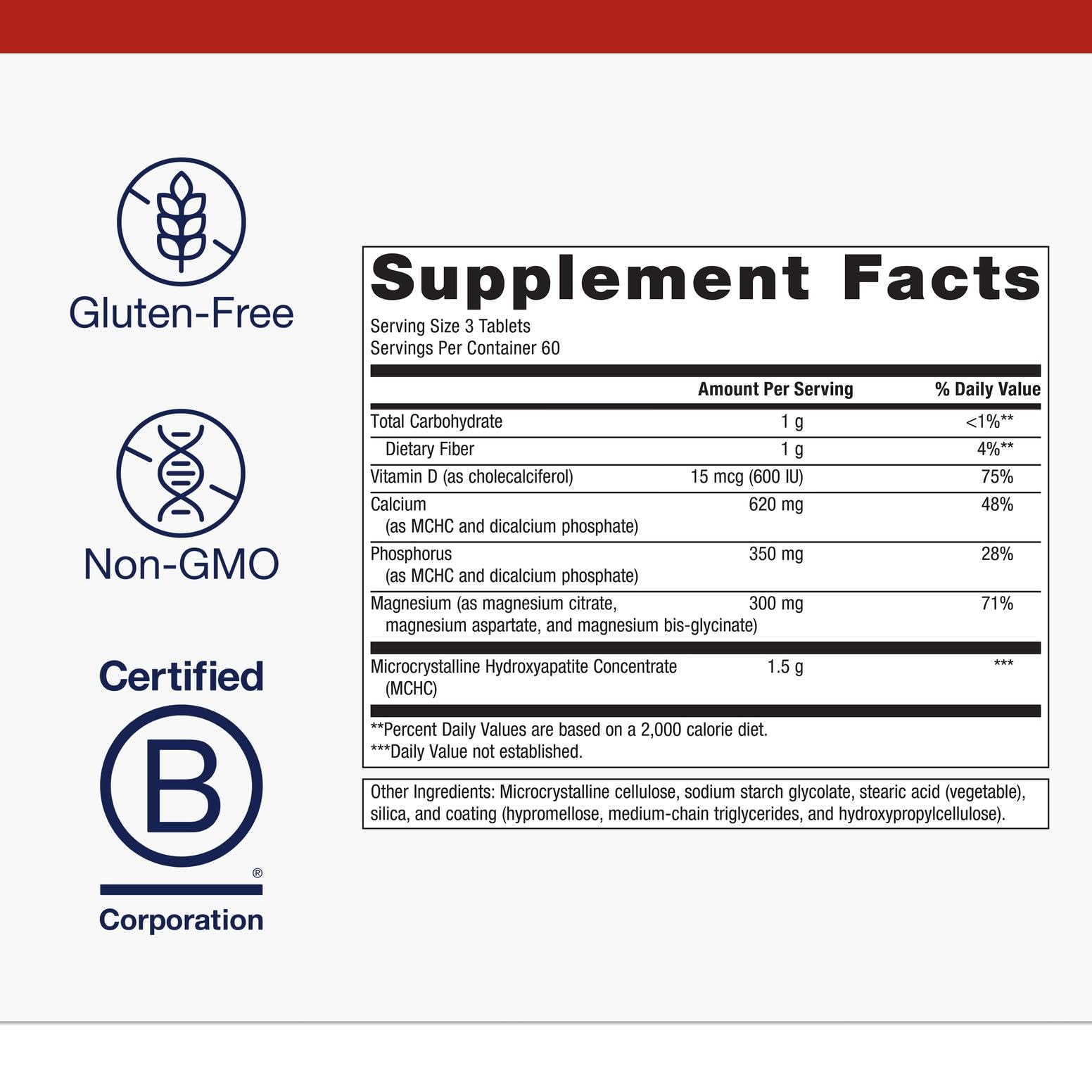 Close-up of supplement tablets showing calcium, vitamin D and magnesium ingredients