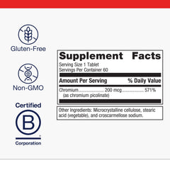 Bottle label highlighting 200 mcg chromium per tablet