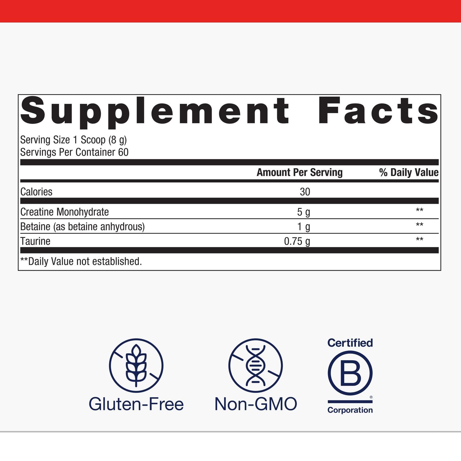 Supplement facts panel for Metagenics Creatine UP