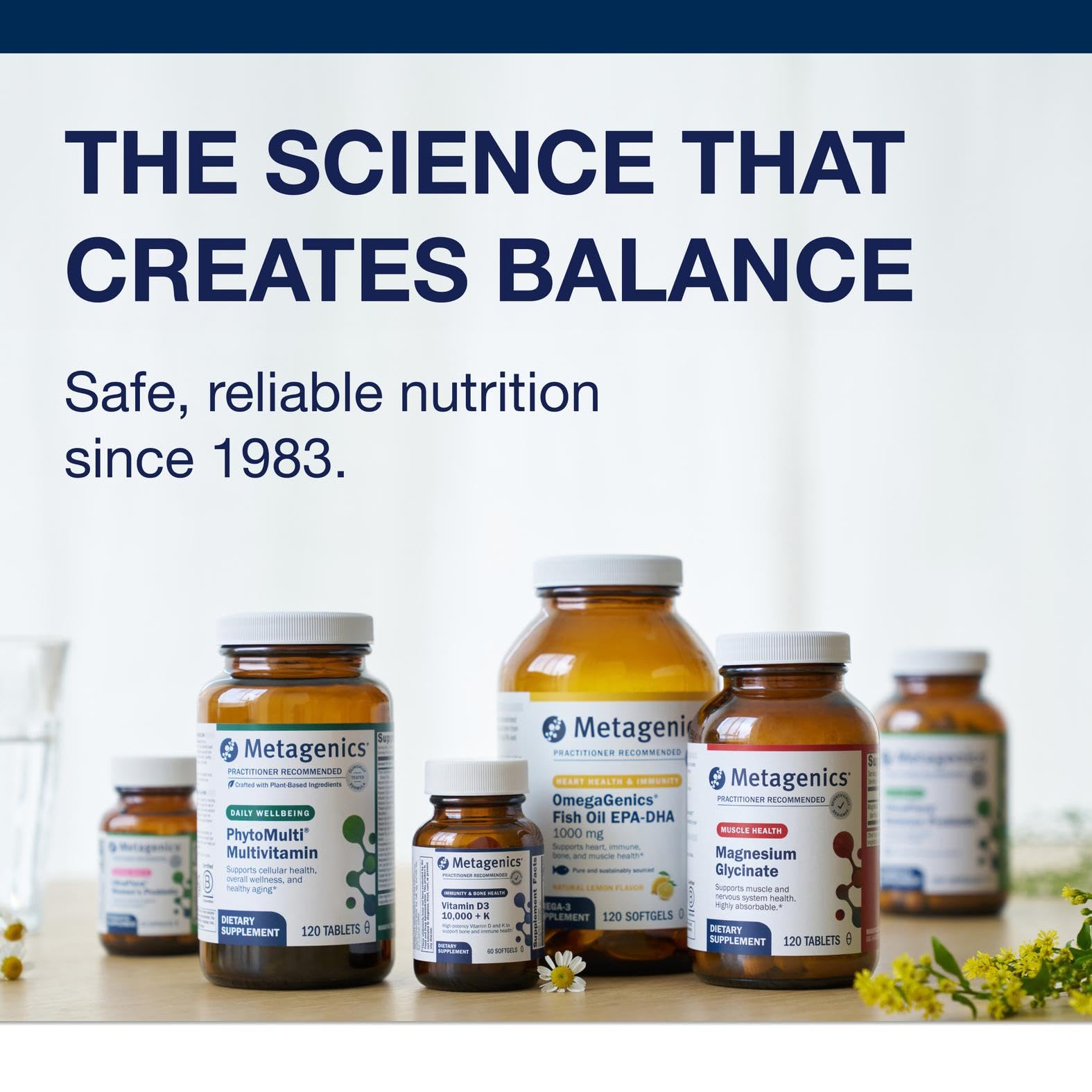 Metagenics D3 and K2 lifestyle shot for everyday wellness routine.