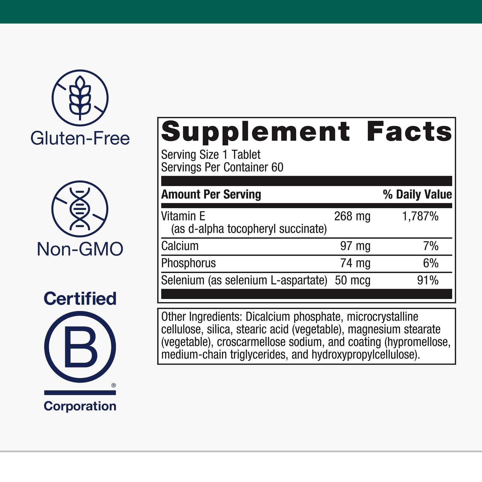 Close-up of label showing 50 mcg selenium per serving