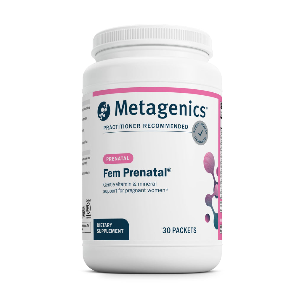 Front view of Metagenics Fem Prenatal Pack bottle and box