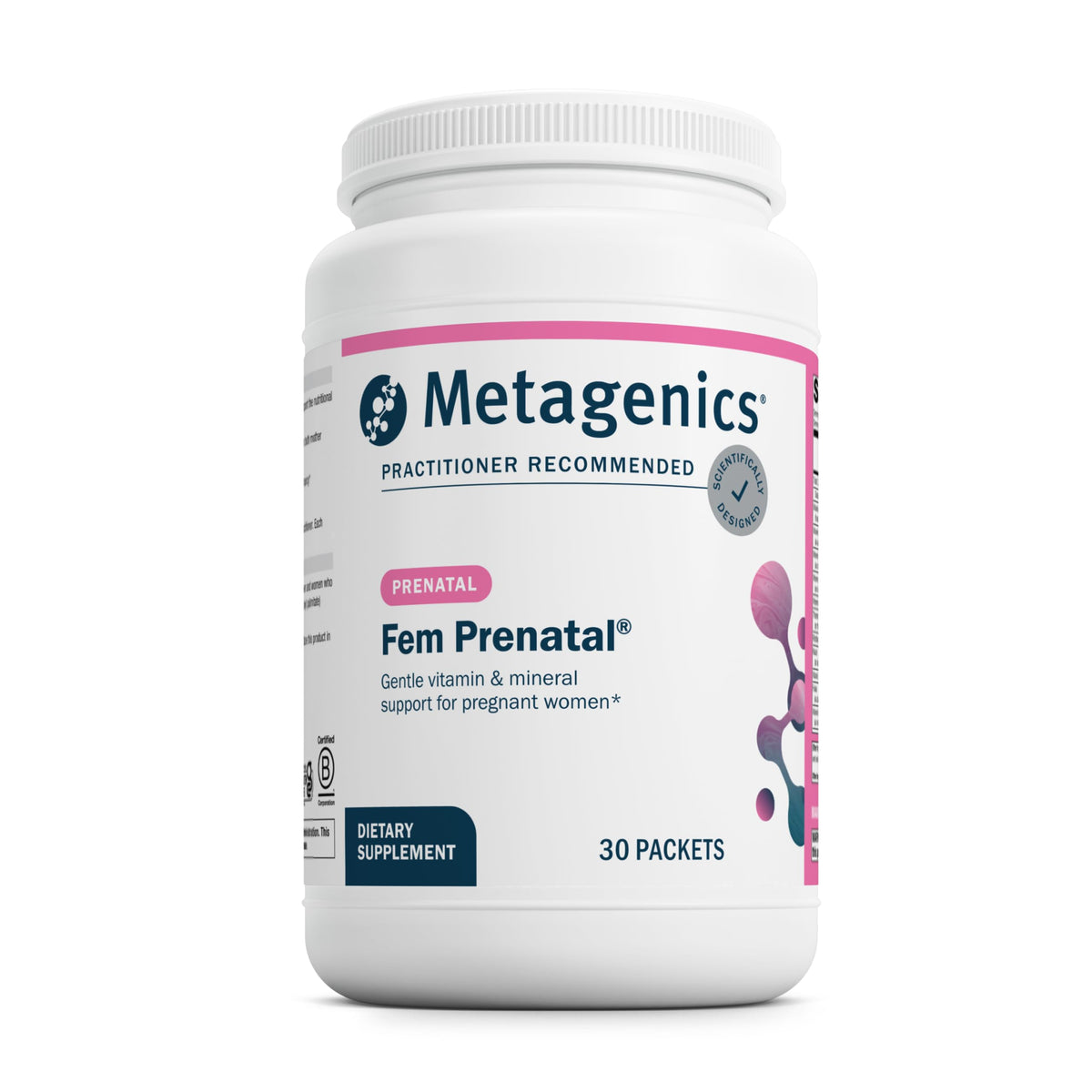 Front view of Metagenics Fem Prenatal Pack bottle and box