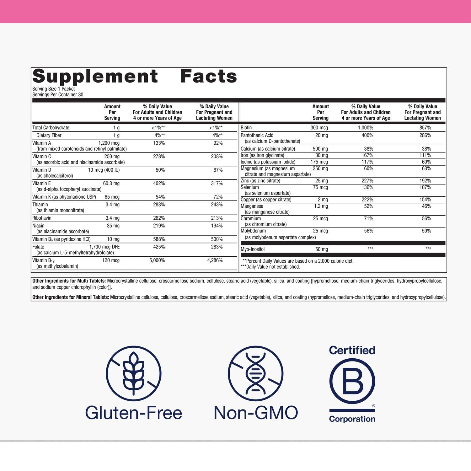 Close-up of a single Metagenics Fem Prenatal vitamin packet
